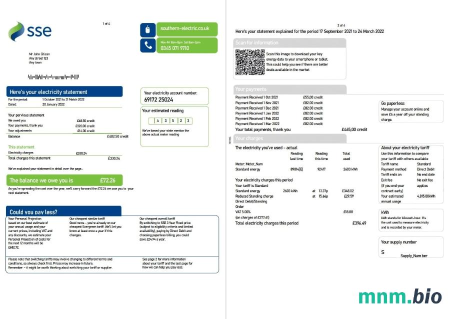 United Kingdom SSE Energy rachunek za media, Word i PDF template, 4 strony 1 2